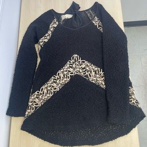 Anthropologie a’ reve Black Tan Long Sleeve Tie Back Ribbon Knit Sweater, M